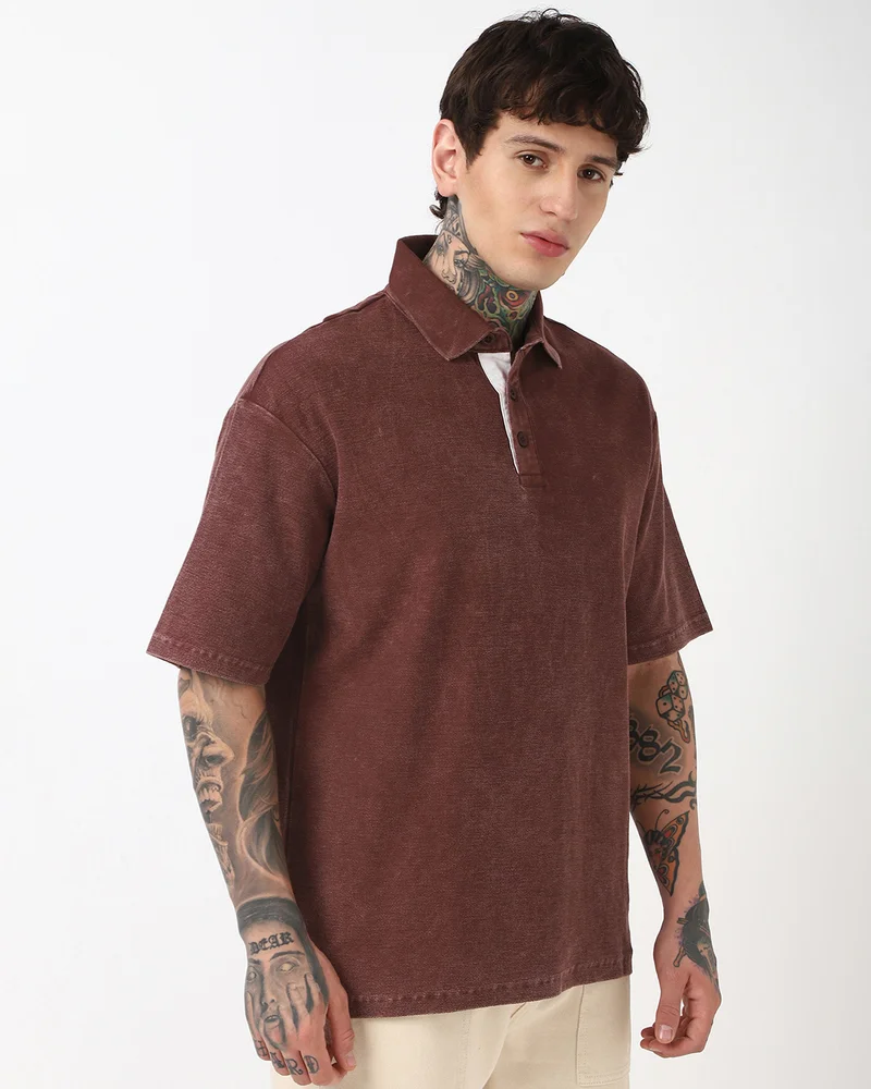 bewakoof Men's Brown Oversized Acid Wash Polo T-shirt